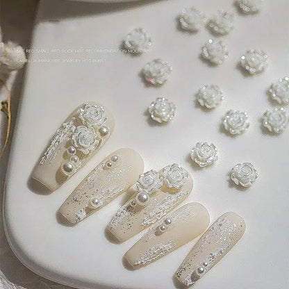 Pearl White Camellia Flower Charms With Pearls And Gold Caviar Beads
