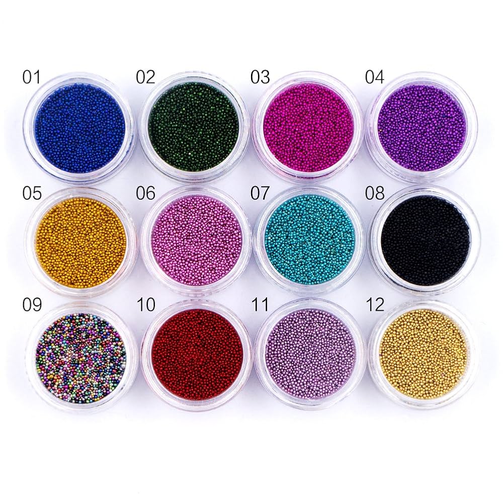 Pastel Colored Caviar Beads And Multi Colored Nail Art Crystals (Set Of 12)