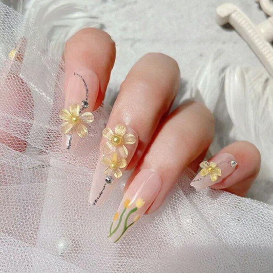 Five Petals 3D Yellow Crystal Flower Charms With Rhinestones And Gold Caviar Beads